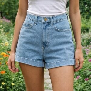 NEW American Apparel High Waist Cuffed Denim Shorts Blue Stone Wash USA 24